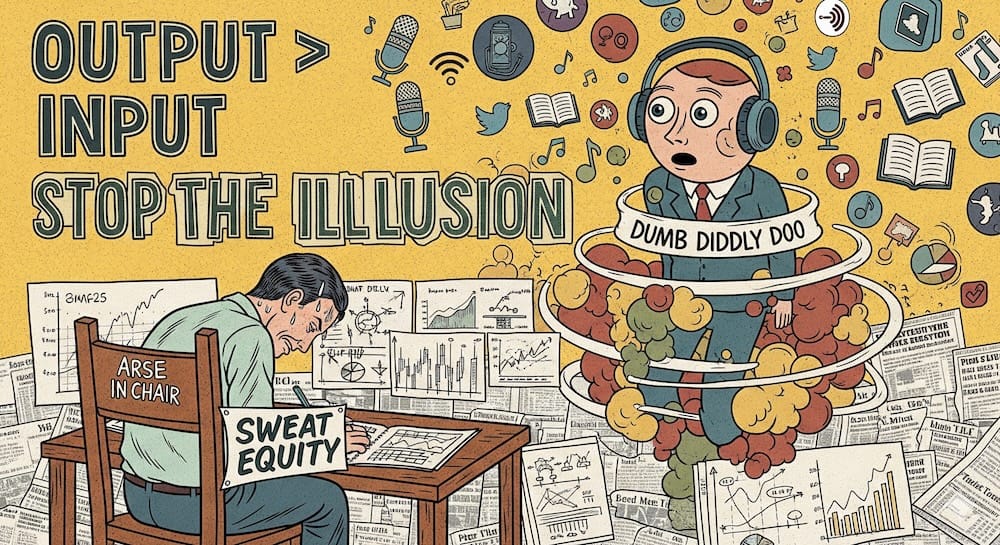 Illustration contrasting focused execution with distraction as a man builds financial models at a desk while another is surrounded by podcasts and noise, symbolizing Charlie Munger’s principle of output over input and the illusion of information gain