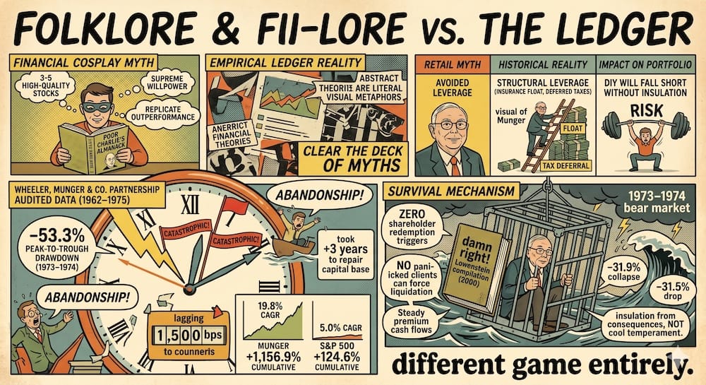 Financial collage comparing investment folklore with reality. Features a giant clock displaying a fifty-three percent drawdown, a retail myth matrix, and Charlie Munger sheltered in a steel diving cage amidst a stormy bear market wave.