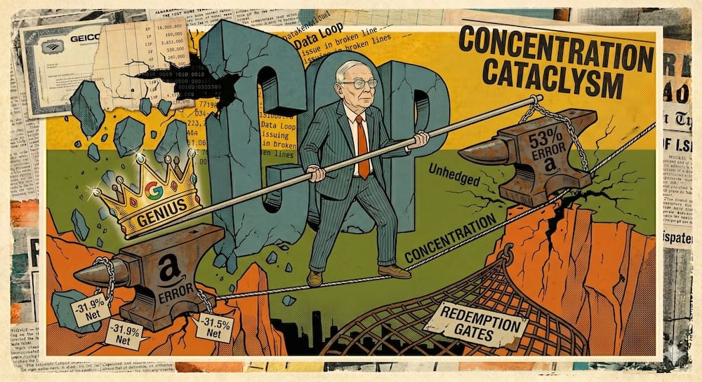 Ilustración satírica de un inversor haciendo equilibrio en la cuerda floja de 'Concentración' sosteniendo 'Genio' y 'Error del 53%', sobre una red de 'Puertas de Redención'.