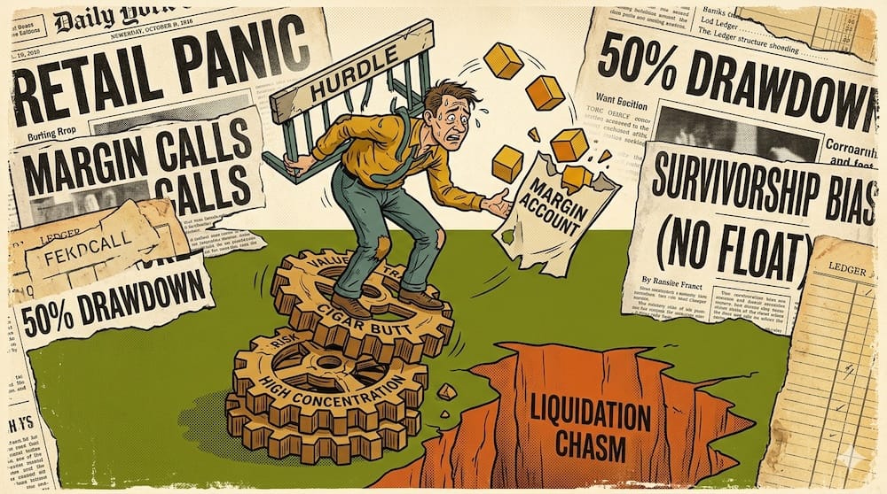 Charlie Munger Concentrated Cosplay vs Quality Filter: The Structural Risks of High Concentration inside Taxable Retail Margin Accounts A panicked investor carrying a wooden track hurdle, slipping on giant interlocking gears labeled Risk and High Concentration near a deep canyon labeled Liquidation Chasm under 50 Percent Drawdown headlines.