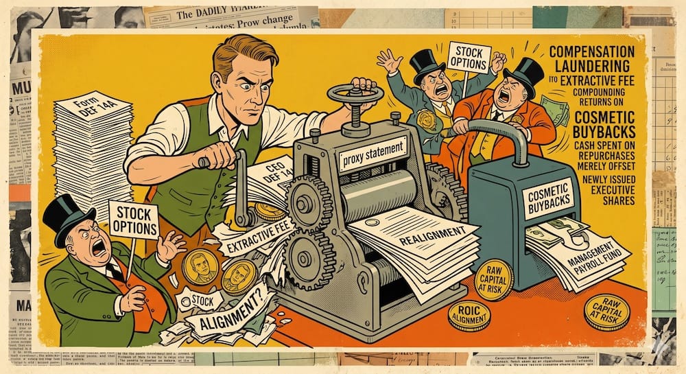 A focused investor running a stack of Form DEF 14A documents through a large steel press labeled PROXY STATEMENT. Angry executives in top hats hold signs reading STOCK OPTIONS and COSMETIC BUYBACKS