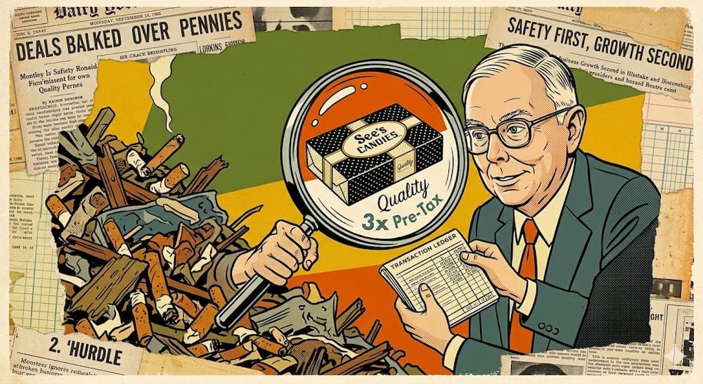 Charlie Munger, with accurate 1930s caricature features, using a huge magnifying glass to inspect a box of See’s Candies labeled ‘$12M Ask.’ Embedded news headlines on old paper in the collage background highlight ‘3x Pre-Tax Earnings’ and ‘Margin of Safety’ metrics.