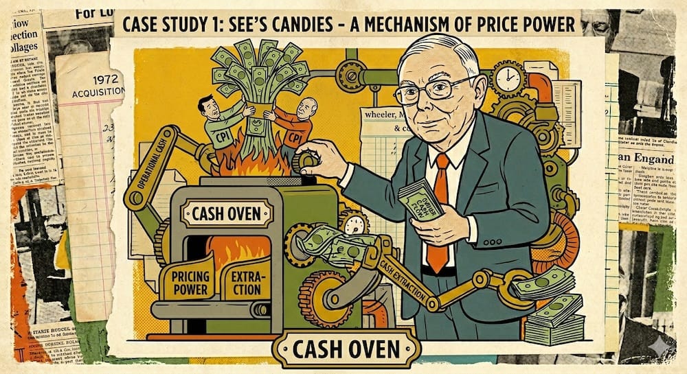 Charlie Munger See's Candies Case Study: Unpacking the 1972 Acquisition Price Power Mechanism and Structural Consumer Incentive Alignment A caricature of Charlie Munger operating a mechanical cash oven machine. Mechanical arms labeled pricing power and cash extraction systematically pull out stacked paper currency against a vintage paper background.
