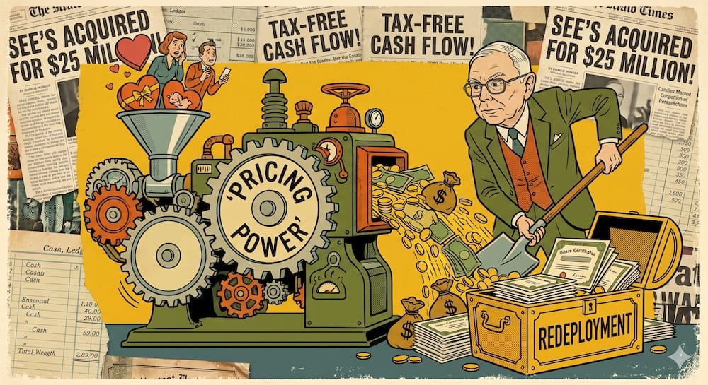 Charlie Munger using a shovel to move a massive pile of coins out of a retro machine labeled PRICING POWER and into a wooden chest labeled REDEPLOYMENT. Newspaper clipping collage background has headlines reading TAX FREE CASH FLOW and SEES ACQUIRED FOR 25 MILLION.