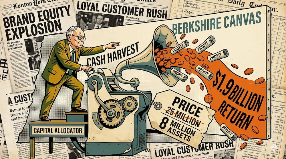Charlie Munger Sees Candies Brand Equity Engine: Capital Allocation Turning High Internal Profit Flows Into Intrinsic Value Compounding cartoon of Charlie Munger operating a cash harvest machine. A horn streams orange coins onto a Berkshire Canvas canvas next to a tag marked price twenty-five million and eight million assets under old newspaper clippings.