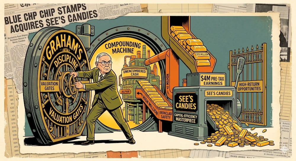 See’s Candies: Graham Discipline Meets Munger Quality and the Compounding Machine Alpha Factory Charlie Munger holding open massive iron 'VALUATION GATES' to reveal a glowing factory that mints cash bars stamped 'UNENCUMBERED CASH' from chutes of pre-tax earnings.