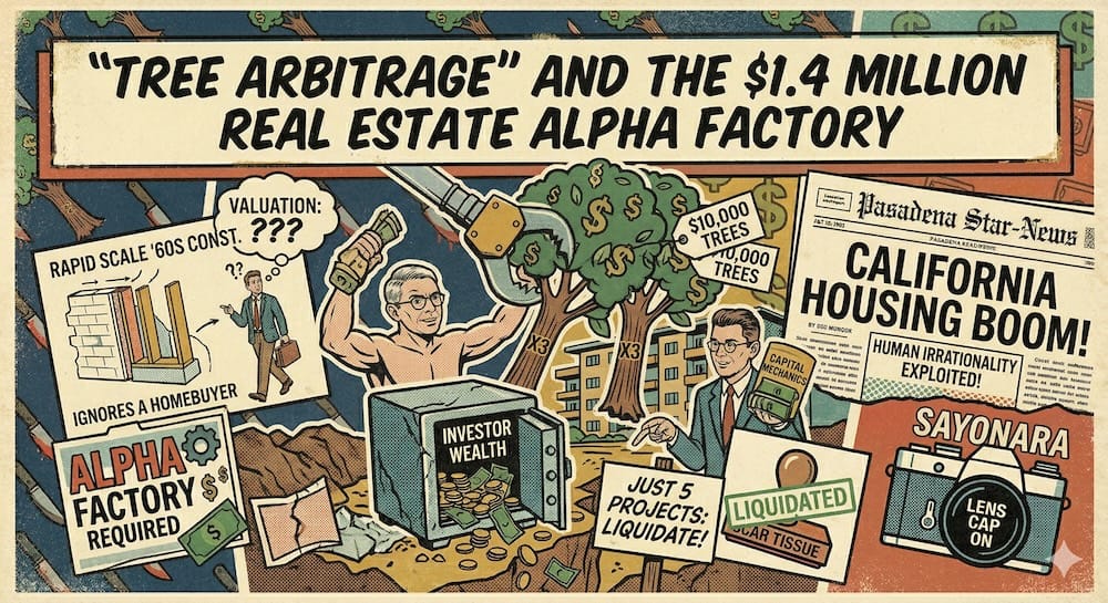 Arbitraje de árboles y bienes raíces: Ilustración de la estrategia inmobiliaria de Charlie Munger en California durante el boom de los años 60, mostrando el desarrollo de departamentos y cómo la mala fijación de precios y la asignación de capital generaron más de un millón de dólares en ganancias