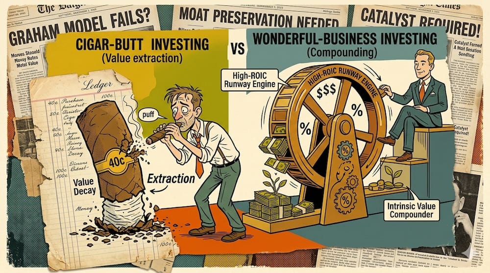 Charlie Munger Two Return Engines Side by Side: Comparing One-Time Value Extraction Against Long-Term Capital Compounding Runway A ragged investor smokes a giant cigar band marked forty cents to one hundred cents next to an elegant investor turning a geared compounding wheel that drops gold coins into an intrinsic value chest.