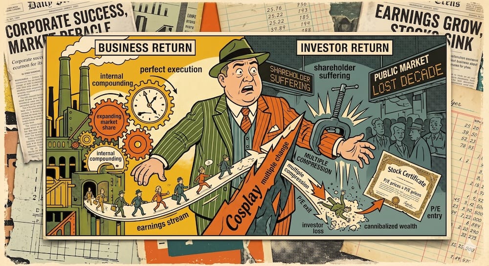 investor character caricature whose thriving business return factory side (labelled Clockwork Execution) is perfectly separate from his dismal investor return market exchange side (labelled Lost Decade). A large wedge labeled Valuation Multiple Change with embedded text 'Cosplay' drives between them, crushing his hand in a multiple compression vice. Faded newspaper clippings form a collage frame.