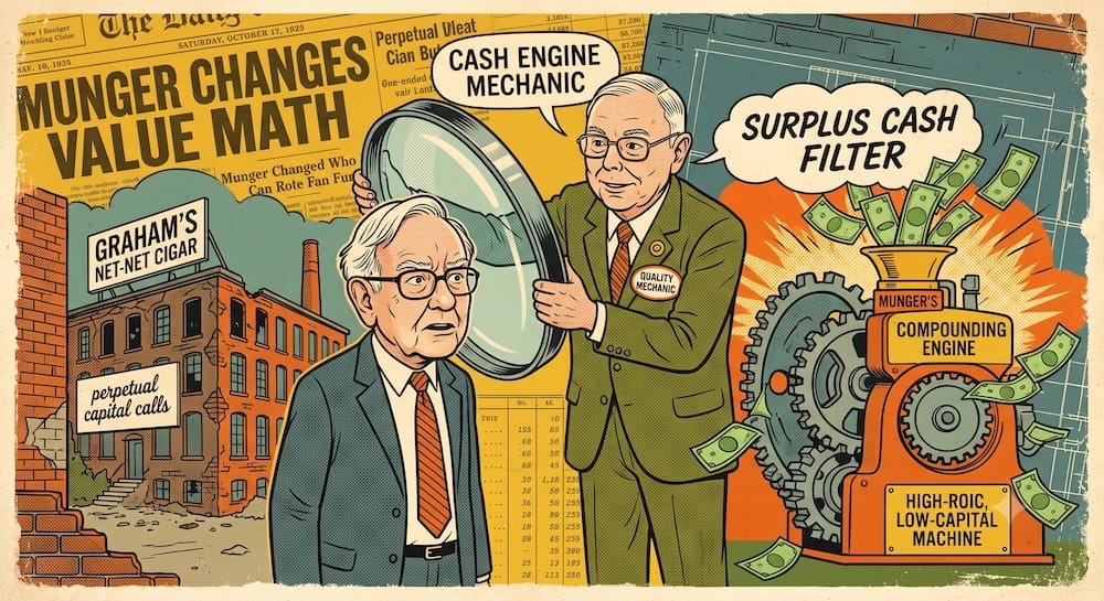 Munger Quality Filter vs Graham Net Net Scavenger: Warren Buffett's Definitive Portfolio Mechanism Evolution Panel Charlie Munger is shown in a vignette as a 'CASH ENGINE MECHANIC' holding a giant lens to Warren Buffett’s head. Munger's lens transforms Buffett's view of an old Graham net-net 'TEXTILE MILL' factory into a modern, self-funding 'COMPOUNDING ENGINE' labelled 'MUNGER'S QUALITY ENGINE', which is overflowing with bright 'SURPLUS CASH' bills.