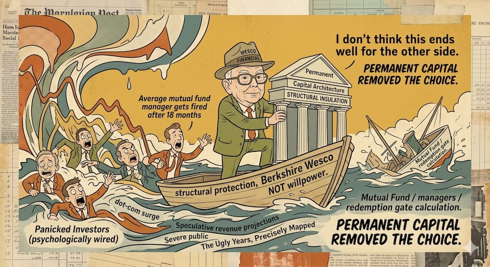 Financial cartoon in a muted vintage palette. Elderly Charlie Munger stands defiantly in a boat labeled Berkshire Wesco, sheltering inside a reinforced structure from a chaotic sea filled with panicked mutual fund managers.