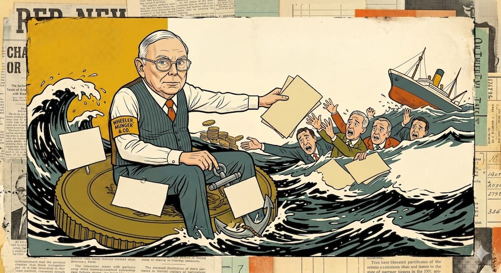 Charlie Munger sitting waist-deep in dark waves labeled 'UNDERWATER'. He is physically tethered to a massive 'ANCHOR' labeled 'STRUCTURAL ALIGNMENT', while other panicking investors drift away in small boats. Faded newspaper clippings form the collage background.