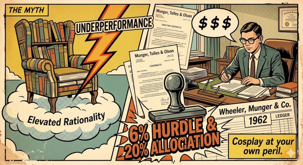 Financial collage contrasting a mythical floating armchair on a cloud with a realistic 1960s law office where young Charlie Munger drafts contracts next to a hedge fund ledger stamped with six percent hurdle and twenty percent allocation.