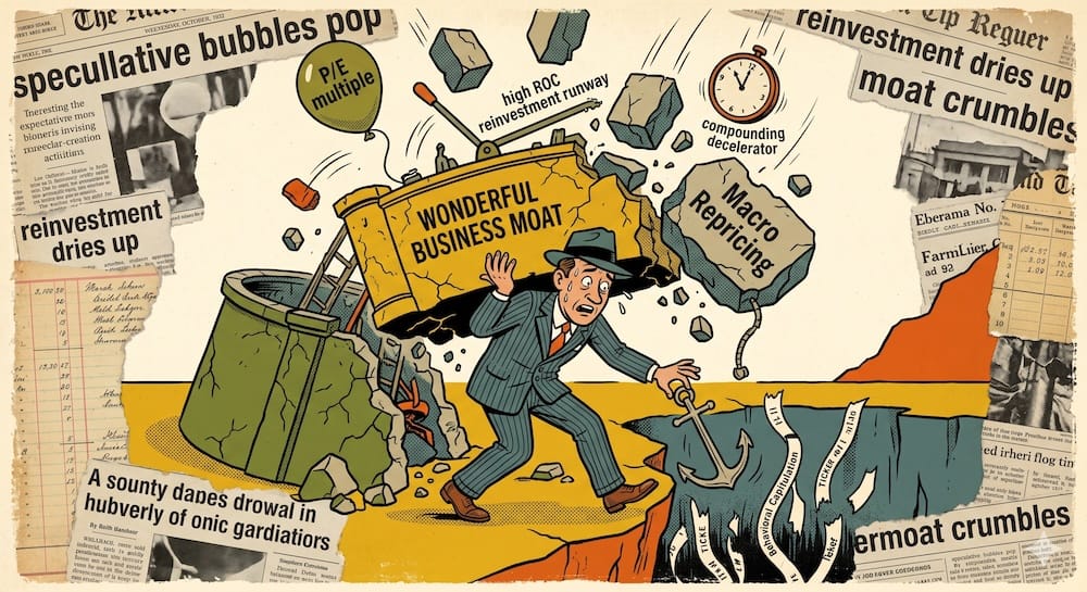 Investor caricature being crushed by a collapsing Wonderful Business Moat structure that is actively decompressing and labeled 'Macro Repricing.' Blocks of stone and a deflating P/E multiple balloon bombarded him, while an anchor labeled 'Behavioral Capitulation' drops into a chasm of falling ticker tape against a collage of faded newspaper clippings.