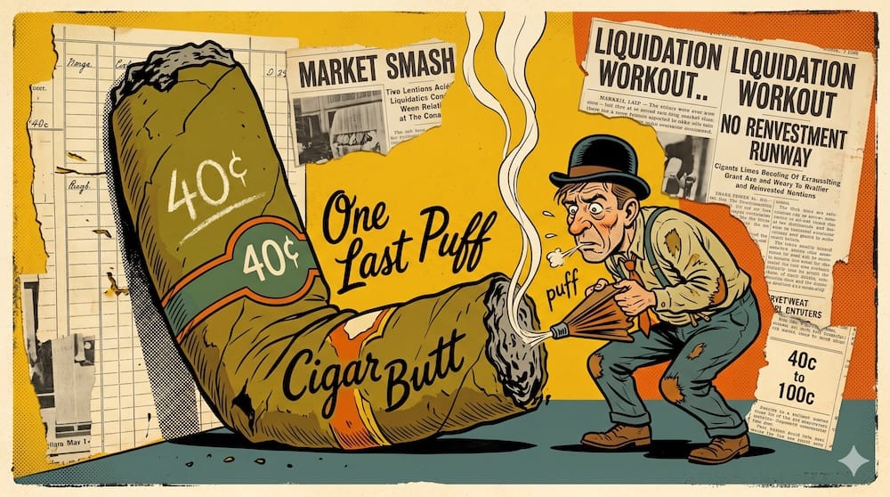 Charlie Munger Wonderful Businesses vs Cigar Butts: The Mechanics of One-Time Value Extraction vs Long-Term Capital Compounding 1930s editorial pop art cartoon of an anxious investor using a hand bellow to pump a final puff from a giant smoldering cigar butt labeled forty cents. Background is a Dadaist collage of ledger sheets and headlines reading Liquidation Workout.