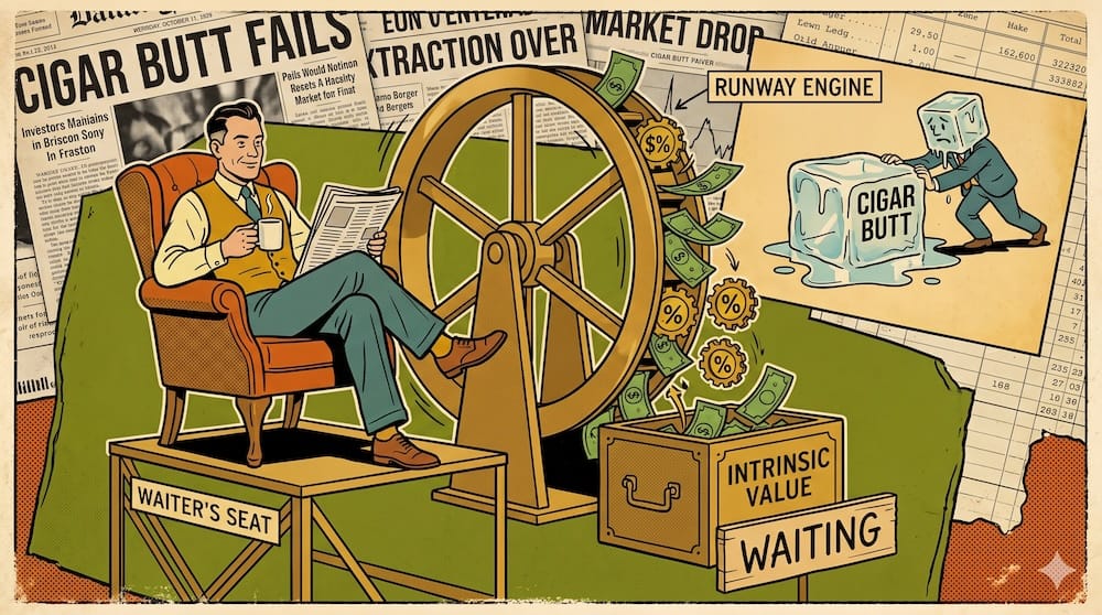 Charlie Munger Wonderful Businesses vs Cigar Butts: High Return on Invested Capital Reinvestment Runway vs Melting Value Traps a relaxed investor in an armchair holding a coffee cup, watching a large wooden waterwheel spill cash into an intrinsic value chest. In the background, a sad ice cube man pushes a melting block labeled Cigar Butt.