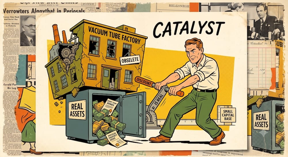 Cigar-Butt Goblin Extracts Real Assets and Activist Catalyst Expressive investor caricature forcefully prying open a safe labeled 'REAL ASSETS' with a large mechanical lever. Inside, tangible cash and short-term bonds spill out, contrasting with a collapsing 'VACUUM TUBE FACTORY' structure.