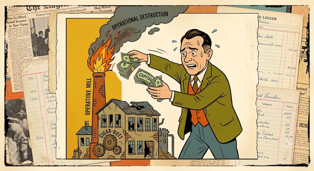 Retail Value Trap Illustrated: Investor Dumps Capital Into Broken Cigar-Butt Business Investor caricature dumping bundles of cash into the fiery smokestack of a crumbling, archaic textile mill labeled with the embedded hand-lettered phrase 'CIGAR-BUTT'. Smoke visualizing 'OPERATIONAL DESTRUCTION' rises