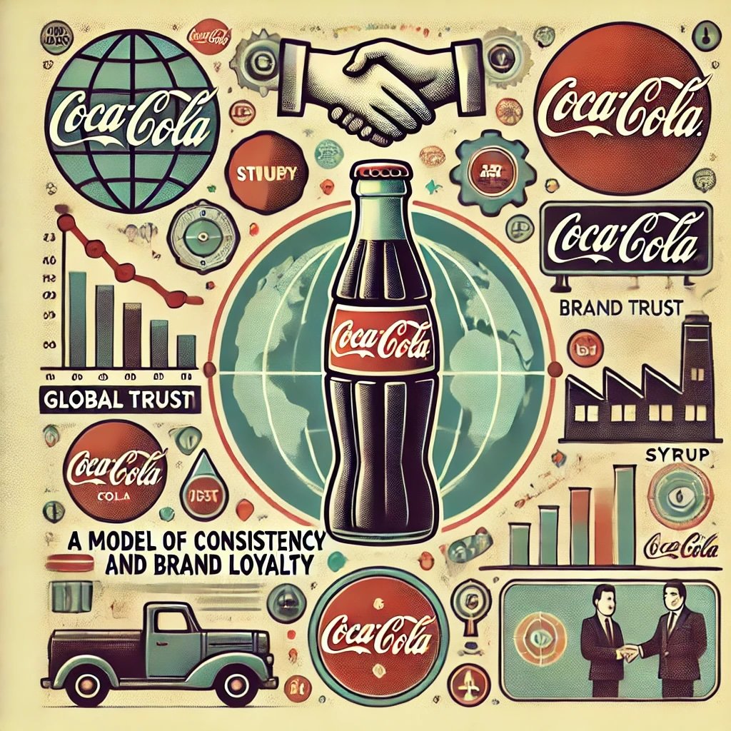 Coca-Cola A Model of Consistency and Brand Loyalty centers on a vintage Coca-Cola bottle, surrounded by symbols of global reach like a globe and trust icons like a handshake