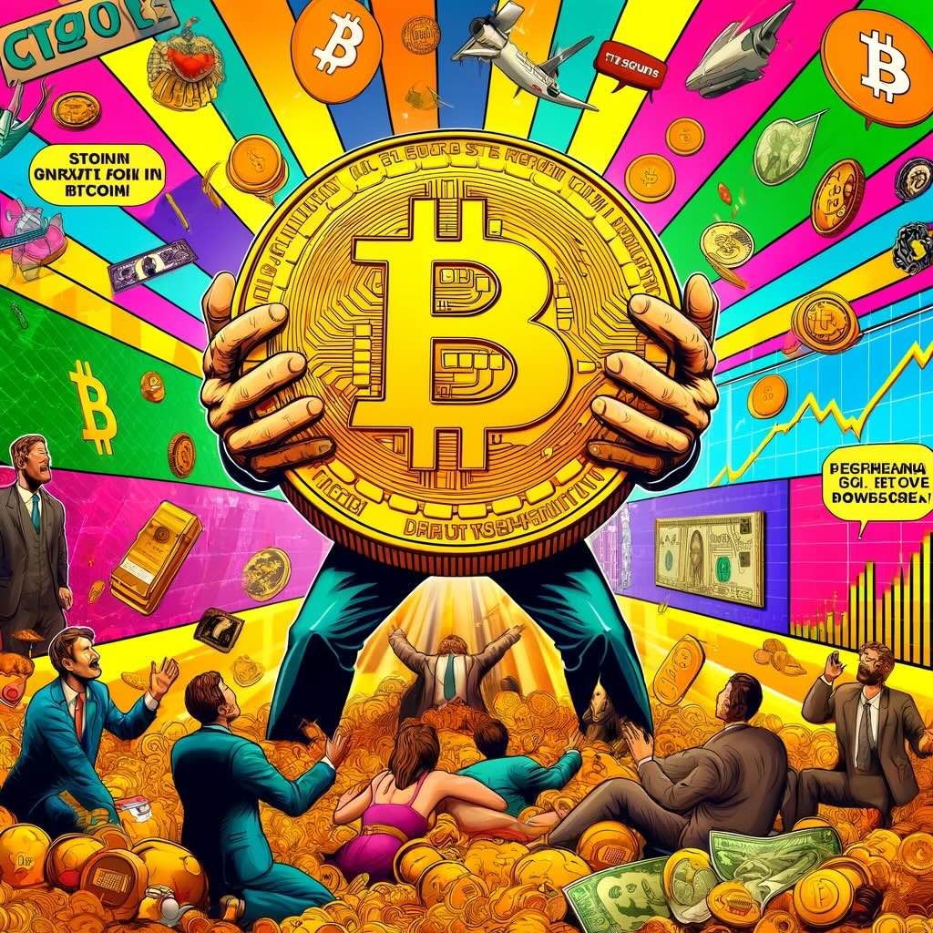 "Coin It Portfolio," with a comical emphasis on Bitcoin's significant role within an investment portfolio. Captures investors' fascination with Bitcoin, humorously depicted through their interactions with an oversized golden Bitcoin, all set against a dynamic backdrop of financial symbols and crypto chaos.