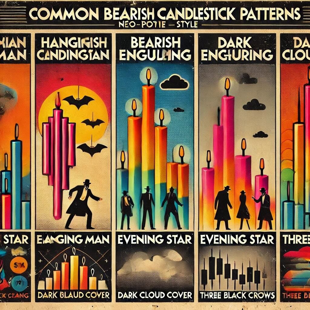 common bearish candlestick patterns, including Hanging Man, Bearish Engulfing, Evening Star, Dark Cloud Cover, and Three Black Crows