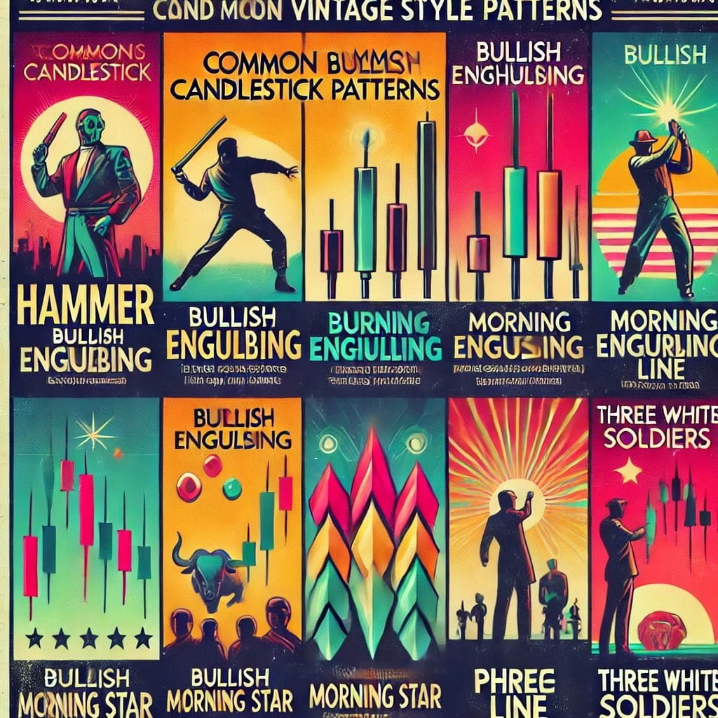 common bullish candlestick patterns, including Hammer, Bullish Engulfing, Morning Star, Piercing Line, and Three White Soldiers