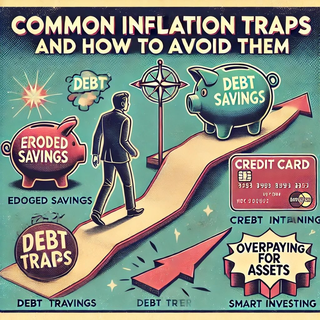 Common Inflation Traps and How To Avoid Them depicts navigating a path with traps like a broken piggy bank labeled Eroded Savings credit card with rising interest labeled Debt Trap