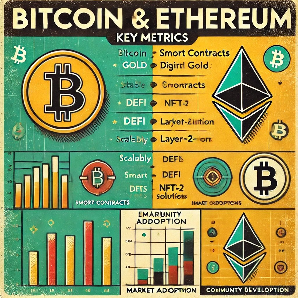 Comparing Bitcoin and Ethereum Key Metrics highlighting their unique roles, technological differences, and market impacts in the cryptocurrency space