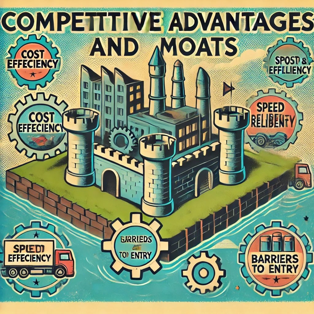 Competitive Advantages and Moats castle surrounded by a moat, symbolizing strong business defenses factory labeled Cost Efficiency a truck marked Speed and Reliability