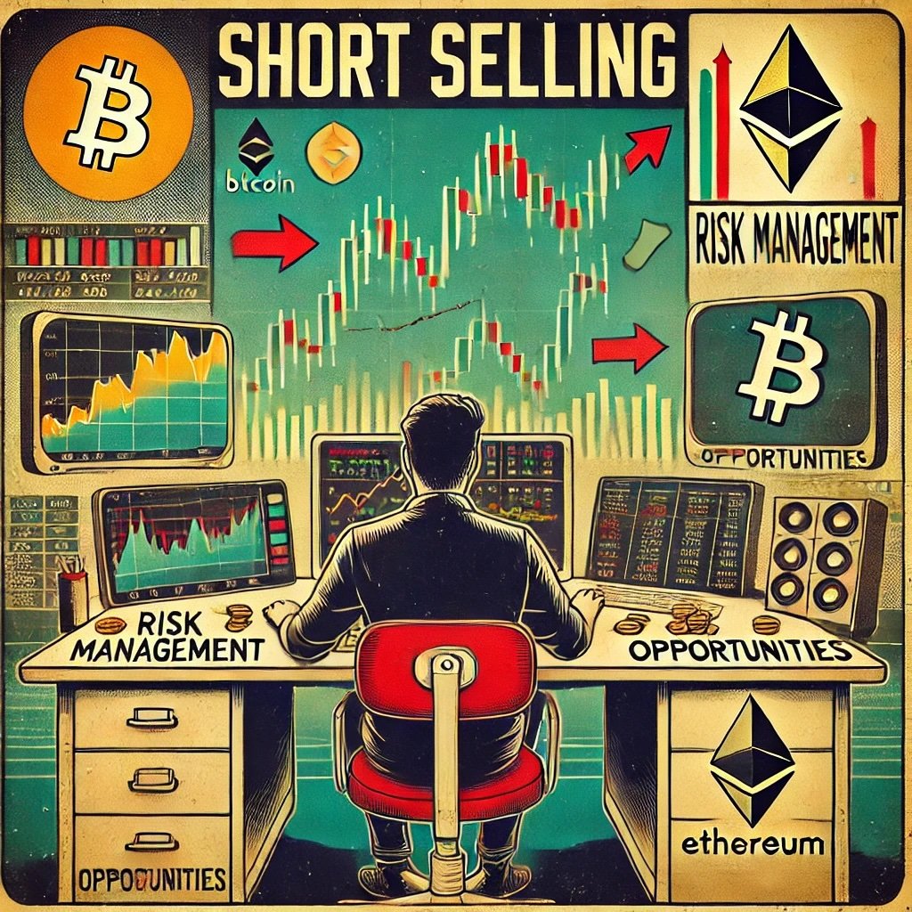 complexities of short selling in cryptocurrency markets features a trader monitoring dynamic crypto charts for Bitcoin and Ethereum symbolize high volatility and continuous market movement. Highlighted themes such as "Risk Management," "Opportunities," and "24/7 Trading" emphasize the strategy's challenges and potential within a nostalgic visual framework.