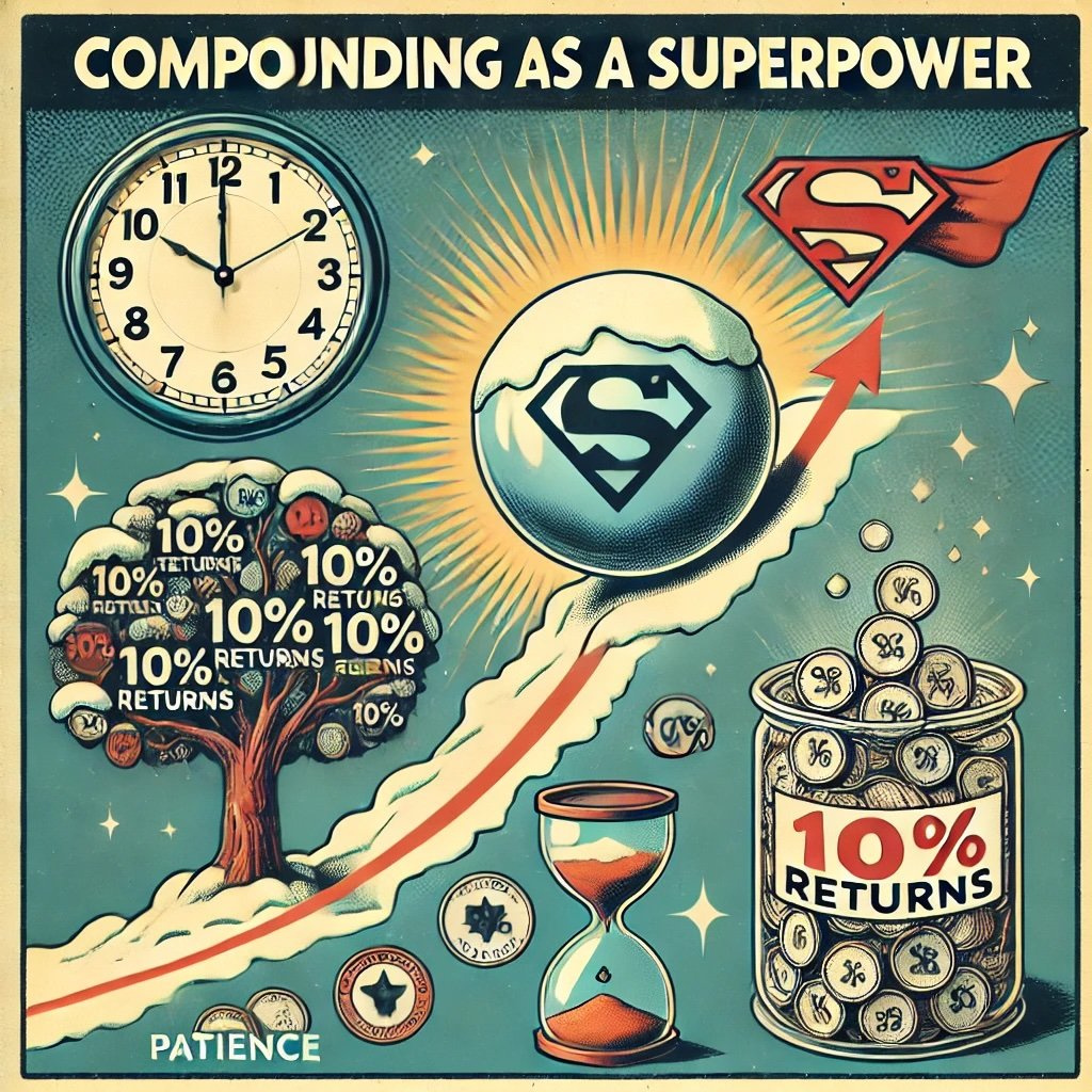 Compounding as a Superpower with a snowball rolling downhill, growing larger to symbolize the exponential growth of compounding over time coin jar labeled 10% Returns