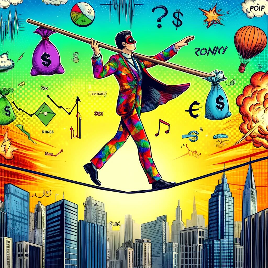 Concept of a "Tightrope Walker Portfolio," symbolizing a balanced approach to investing in a humorously exaggerated Pop Art style. The vibrant scene captures a tightrope walker balancing investments, teetering high above a cityscape, with a colorful and dynamic background illustrating the financial market's ups and downs. 