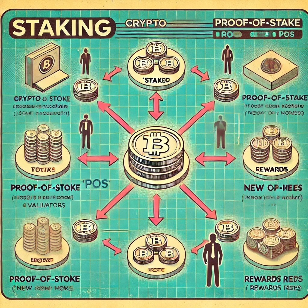 concept of crypto staking, as depicted, revolves around the process of committing digital tokens to secure a Proof-of-Stake (PoS) blockchain. This process is visualized with tokens flowing into a network of validators, symbolizing the lock-up mechanism to support blockchain operations. In return, rewards like newly minted coins or transaction fees flow back to the stakers, highlighting staking as a modern and decentralized financial alternative to traditional mining.