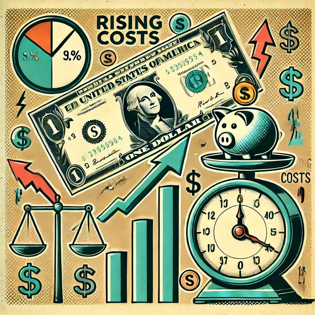 concept of inflation featuring a shrinking dollar bill surrounded upward-pointing arrows signify rising prices and a clock symbolizing erosion of purchasing power over time