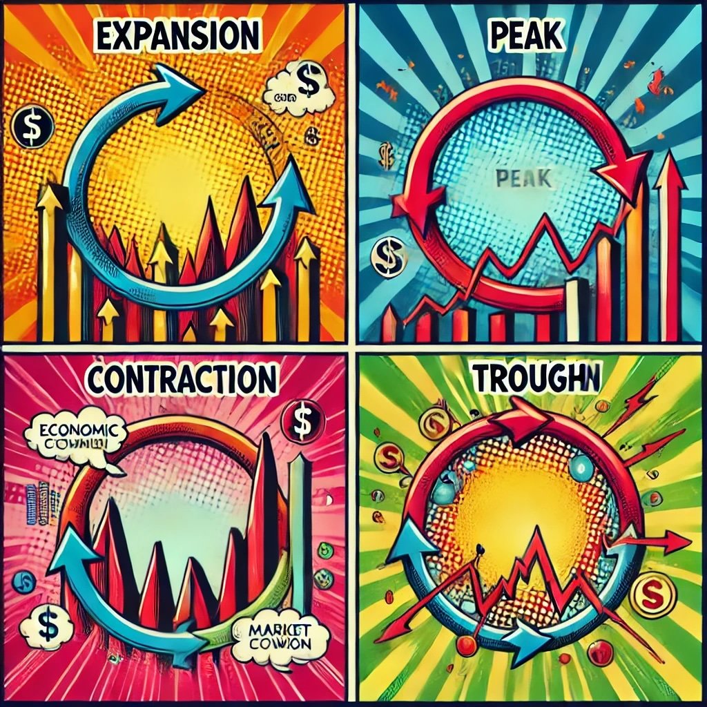  concept of market cycles with its distinct phases expansion, peak, contraction, and trough