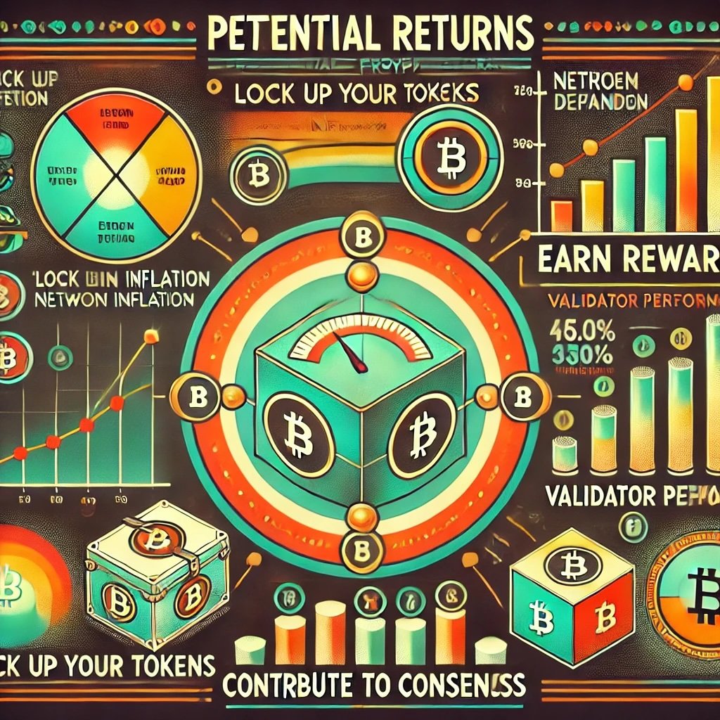 concept of potential returns from crypto staking, emphasizing key factors that influence earnings highlights how network inflation, token demand, and validator performance contribute to staking rewards, symbolized through dynamic retro visuals like scales, graphs, and vaults. This design simplifies the process, showing how staking transforms locked tokens into growth opportunities within a blockchain ecosystem.