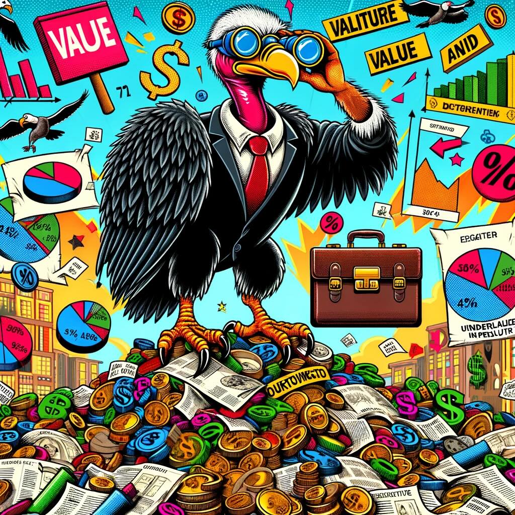 Concept of value investing in a humorous and exaggerated in this vibrant scene features a savvy investor vulture, perched atop a treasure trove of undervalued assets, with a keen eye for spotting deals amidst the colorful chaos of the financial market.