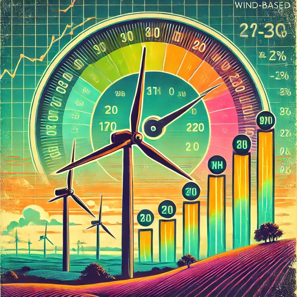 concept of wind-based derivatives. It depicts wind turbines in a neon and faded retro style, with integrated visual elements like vintage wind speed meters and charts, highlighting thresholds for wind flow