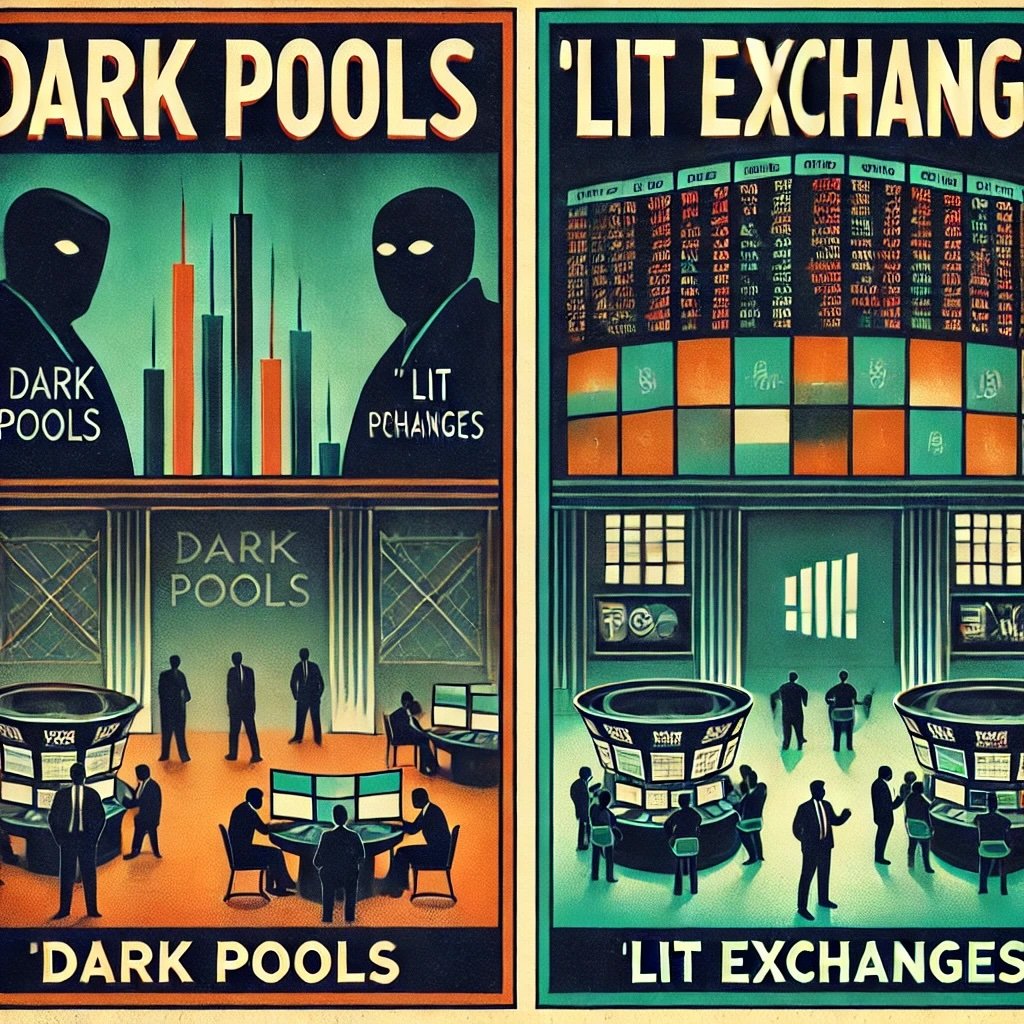 concepts of Dark Pools versus Lit Exchanges in trading on the left, the shadowy depiction emphasizes anonymity and secrecy, while on the right, the bustling activity showcases transparency and openness. It highlights the balance between these two market environments in modern finance. 