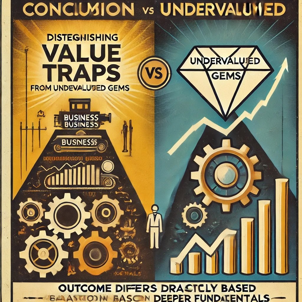 conclusion about distinguishing value traps from undervalued gems in stock investing diverging paths of declining businesses versus rising undervalued opportunities