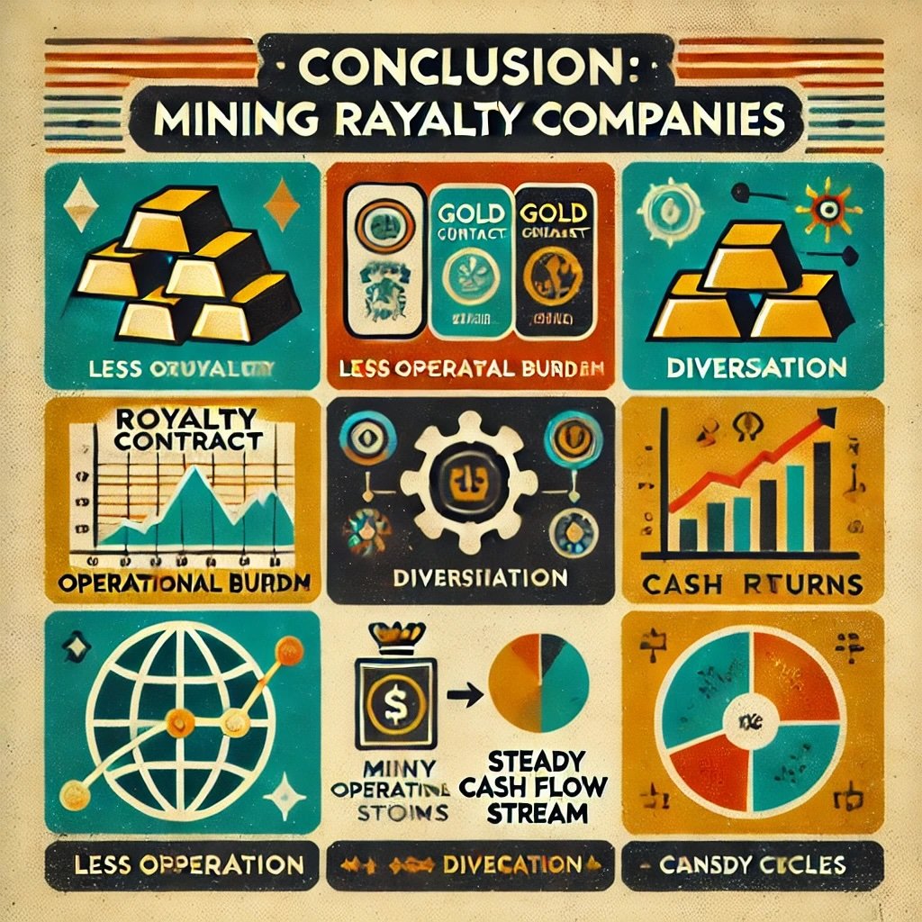 Conclusion Mining Royalty Companies concept encapsulates the unique advantages of these firms, such as reduced operational burdens, diversification, and steady cash flow. It emphasizes their resilience during commodity cycles while noting the complexities of valuation and reliance on precious metal prices. This visual underscores the strategic appeal and research depth required for investing in this distinct sector.