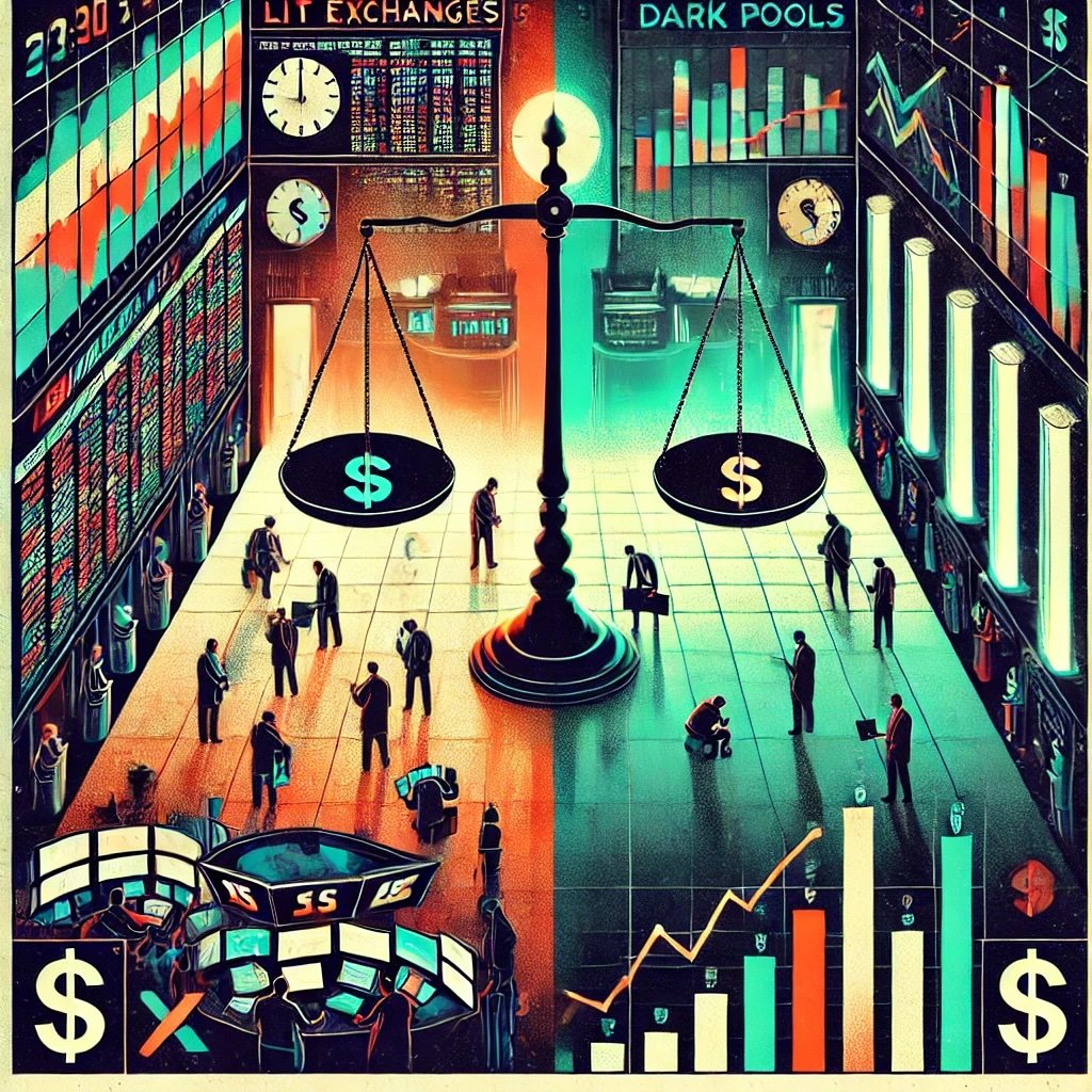 conclusion of a financial markets discussion, highlighting the differences and trade-offs between lit exchanges and dark pools. On one side, it portrays a bustling stock exchange floor, emphasizing transparency and activity, while the opposite side illustrates a shadowy private trading environment, symbolizing anonymity. At the center, a balanced scale underscores the balance between visibility and confidentiality in trading.