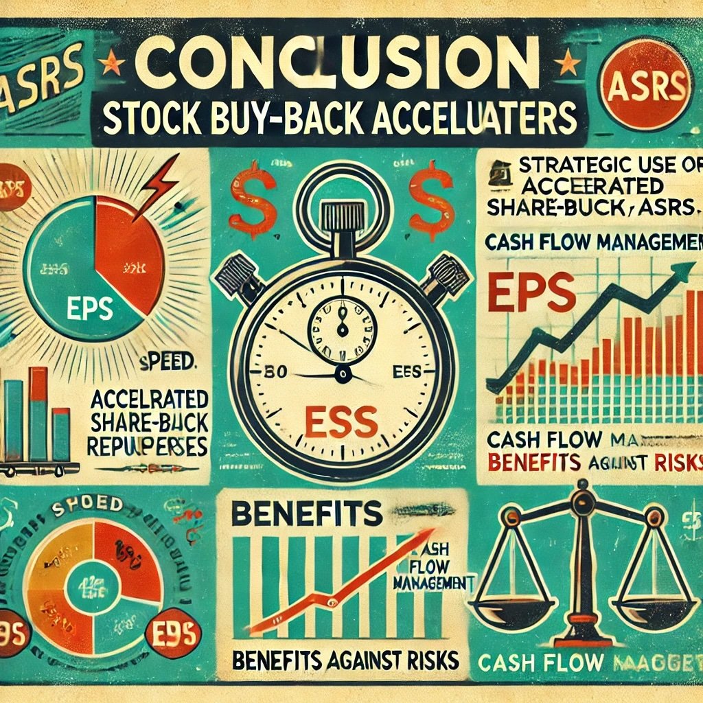 Conclusion Stock Buy-Back Accelerators concept strategic use, benefits, and risks of ASRs highlights rapid EPS boosts, efficient capital use, and potential reputational challenges. This retro-styled visual underscores the bold yet nuanced role of ASRs in modern corporate finance.