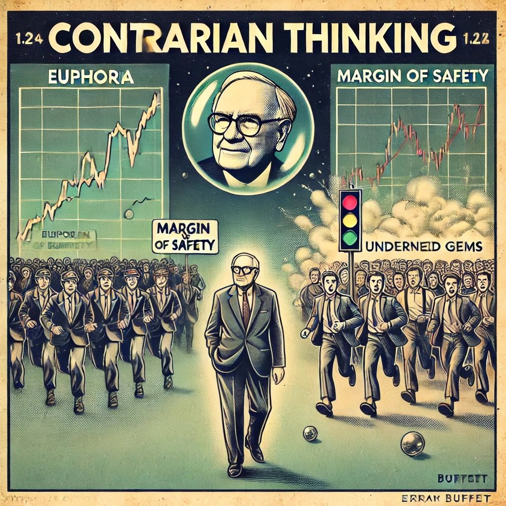 Contrarian Thinking Buffett standing calmly while a crowd rushes toward a bubble labeled Euphoria He looks in the opposite direction toward undervalued gems