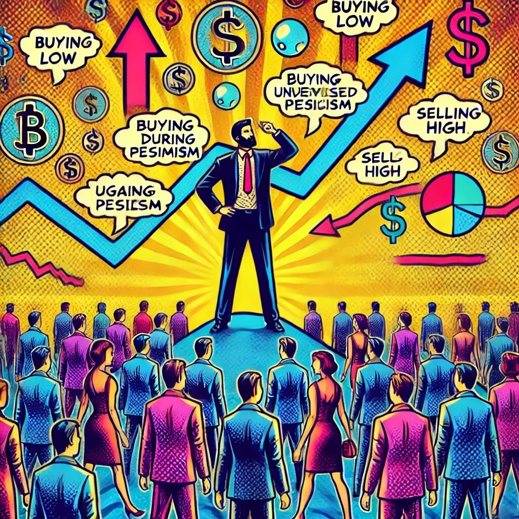 contrarian thinking in market cycles essence of going against the crowd, buying low during pessimism and selling high during optimism, with waves symbolizing market fluctuations