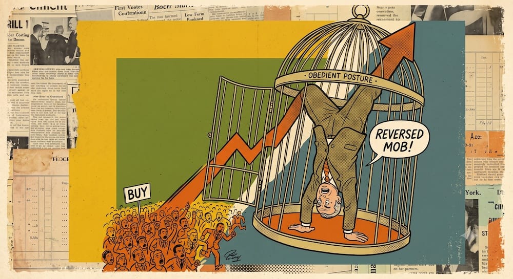 El Contrarianismo como Obediencia Inconsciente: Por que Revertir la Accion del Mercado Falla en Reemplazar la Valuacion Real del Valor del Negocio Una metafora de la psicologia del mercado contraria que muestra a un inversor atrapado al reves dentro de una jaula rotulada postura obediente gritando turba invertida mientras responde directamente a una multitud que sostiene un letrero de compra.