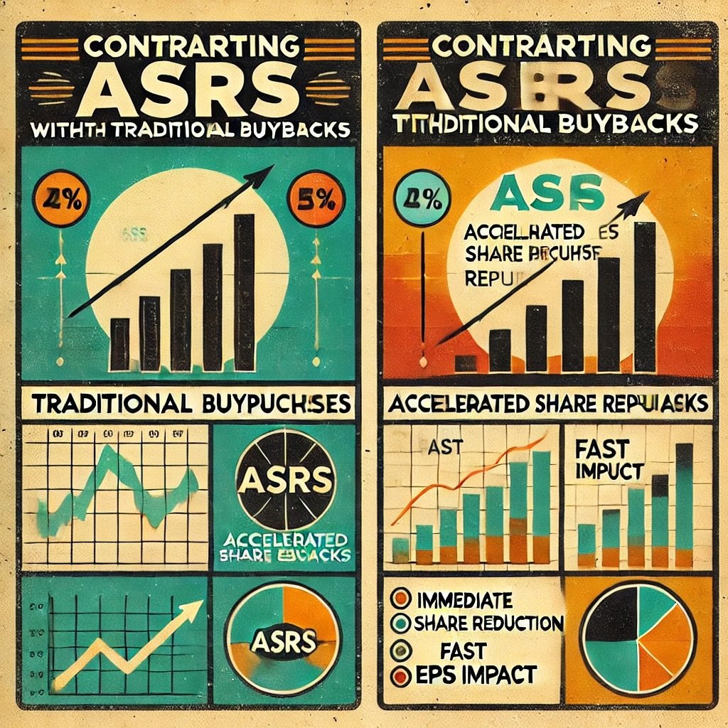 Contrasting ASRs with Traditional Buybacks concept highlights the key differences between traditional repurchase methods and Accelerated Share Repurchases (ASRs). It emphasizes the gradual approach of traditional buybacks versus the immediate impact and speed of ASRs, showcasing their distinct operational and financial dynamics. This retro-styled visual underscores the strategic contrasts in these buyback mechanisms.