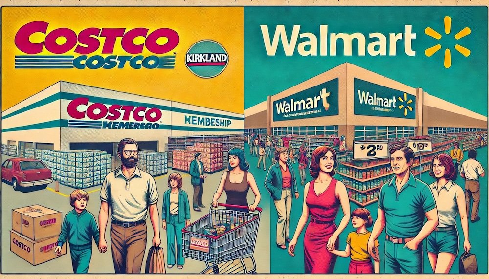 contrasts Costco's niche appeal to suburban families shopping for bulk goods in minimalist warehouses with Walmart's inclusive, diverse customer base enjoying vibrant, low-price Supercenters. The split-screen design emphasizes Costco's exclusivity through its membership model and Kirkland products, while Walmart highlights universal accessibility and broad product variety. 