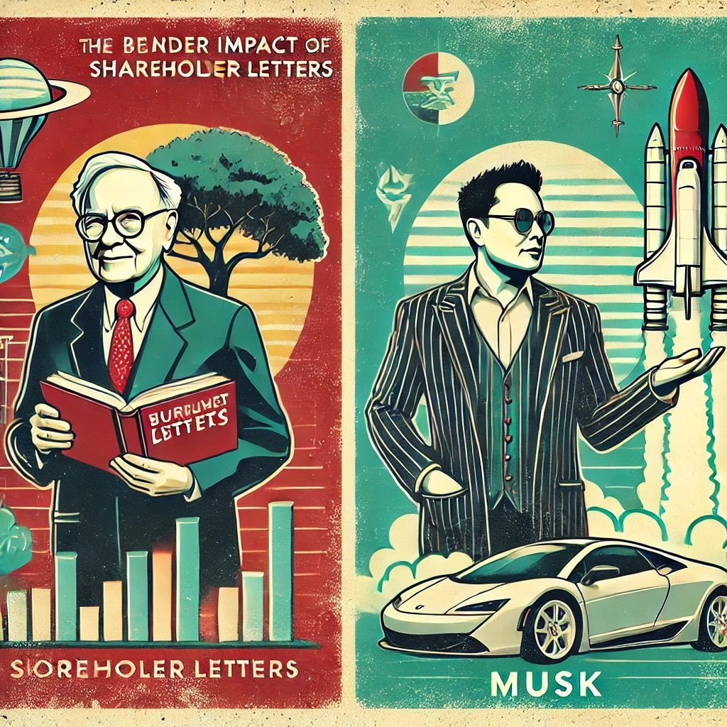 contrasts the broader impacts and legacies of Buffett and Musk with a book labeled Shareholder Letters Musk satellite transformative technologies and disruptive innovation