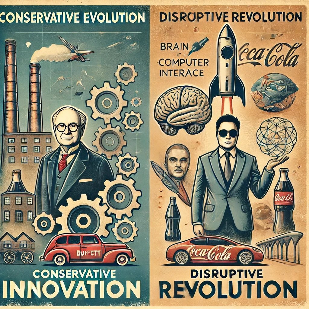 contrasts two approaches to innovation: one side depicts a figure resembling Buffett industries railroads consumer goods and Musk electric car and brain-computer interface